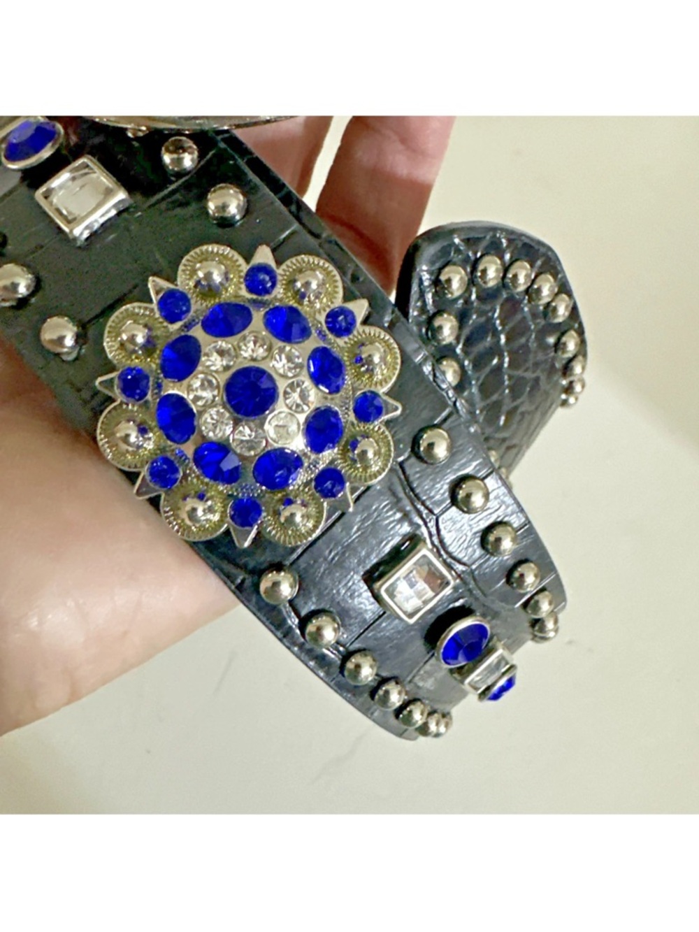 NOCONA RHINESTONE BELT BLUE BLACK SILVER MEDIUM - Picture 12 of 12